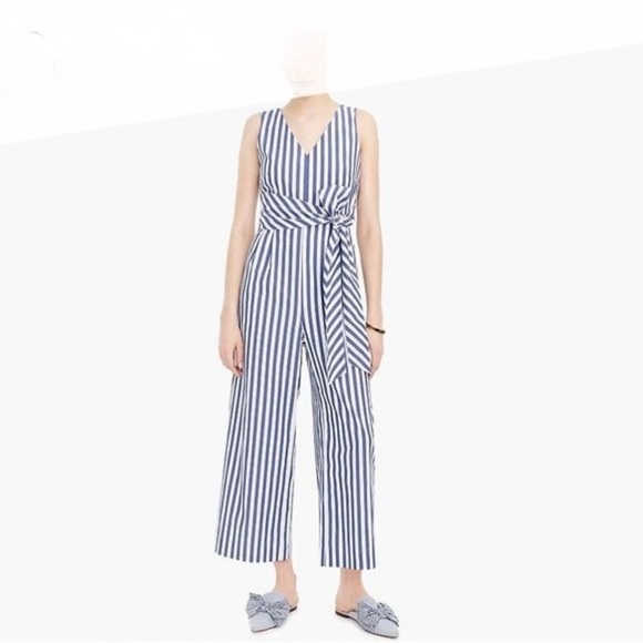 J. Crew Blue and White Striped Wrap Jumpsuit - Picture 1 of 13